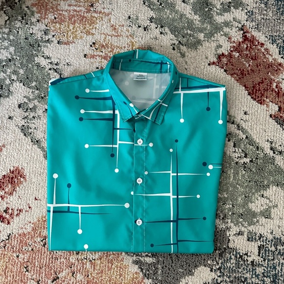 Teal Geometric Men's Button Down Short Sleeve Beach Summer Shirt - Picture 10 of 11